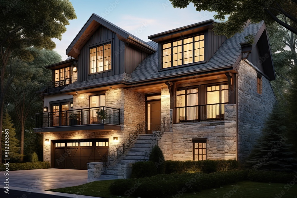 Cutting-Edge Styling and Natural Stone Staircase Highlight Distinguished New Development Property with Two-Car Garage and Light Green Siding, generative AI