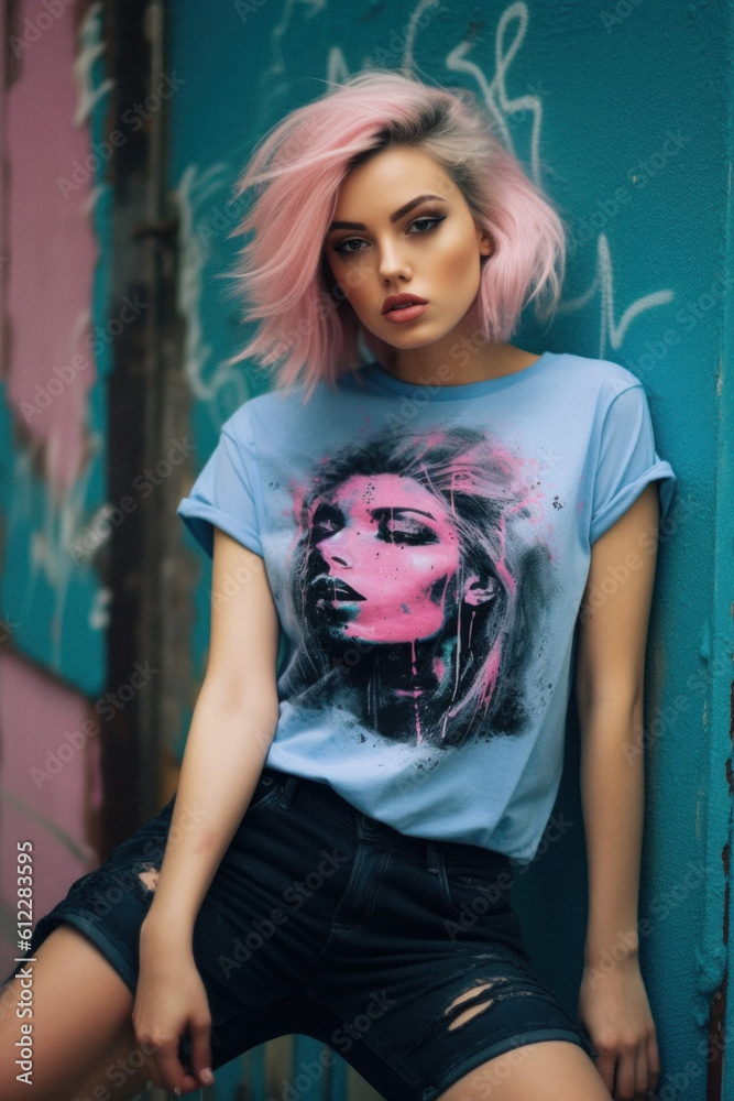 Modern young beautiful girl posing in her fashion outfit downtown, on urban city streets. Generative AI.