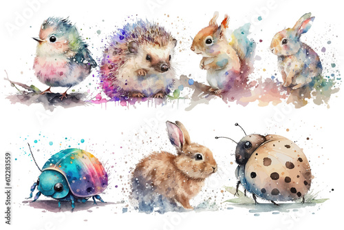 Safari Animal set squirrel, hare, bird, rabbit, hedgehog, beetle in watercolor style. Isolated vector illustration