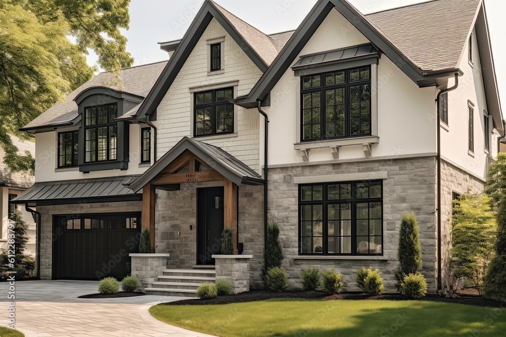 Cutting-Edge Styling & Two-Car Garage Highlight Distinguished New Development Property with Light Gray Siding & Natural Stone Staircase, generative AI