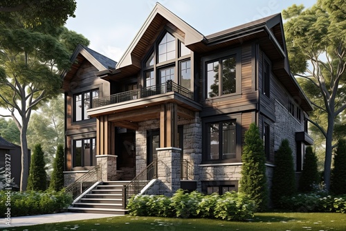 Cutting-Edge Styling and Distinguished Features Define this New Brown Siding Property with Two-Car Garage and Beautiful Natural Stone Staircase, generative AI
