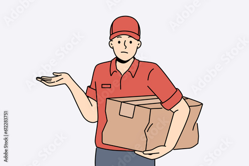 Distressed deliveryman with damaged cardboard box in hands. Unhappy confused courier or messenger with bad parcel order. Delivery service. Vector illustration. 