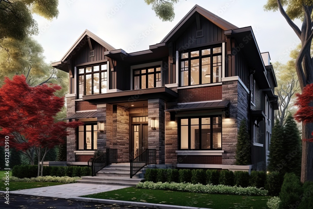 Cutting-Edge Styling and Natural Stone Staircase Complement Burgundy Siding in Distinguished New Development Property with Two-Car Garage., generative AI Cutting-Edge Styling and Natural Stone Staircase Complement Burgundy Siding in Distinguished New Development Property with Two-Car Garage., generative AI