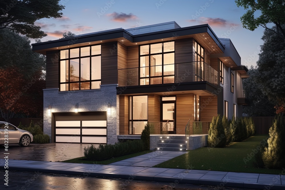 Cutting-edge Styling and Distinguished Features: New Development Property with 2-Car Garage, Coral Siding, and Natural Stone Staircase, generative AI