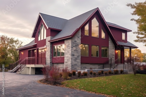 Double Garage Enchanting House with Sleek Styling and Burgundy Siding, Featuring a Natural Stone Porch, generative AI