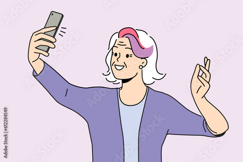 Happy elderly woman with colorful hair make selfie on smartphone. Smiling old grandmother feel cool and positive take self-portrait picture on cell. Vector illustration. 