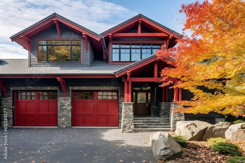 Double Garage, Natural Stone Porch Highlight Enchanting Newly Built House with Sleek Styling and Red Siding, generative AI