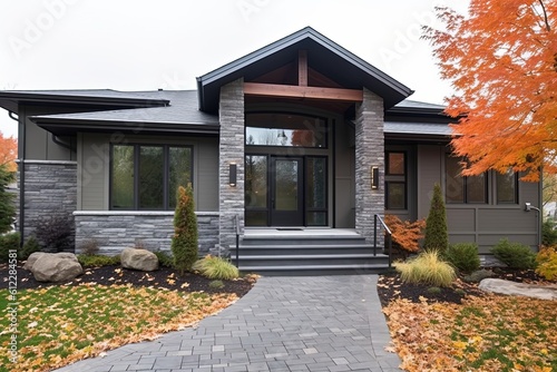 Double Garage Enchanting House with Sleek Styling and Natural Stone Porch, generative AI © Michael