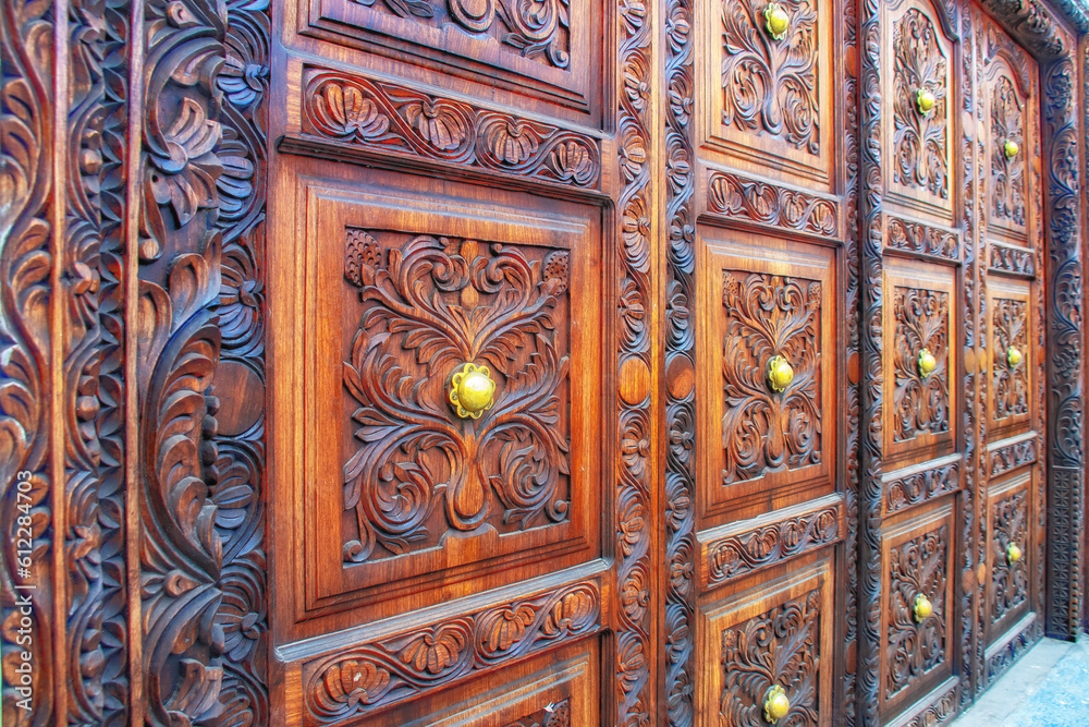 City of Stone Town Zanzibar, Tanzania Island capital with the historic wooden doors