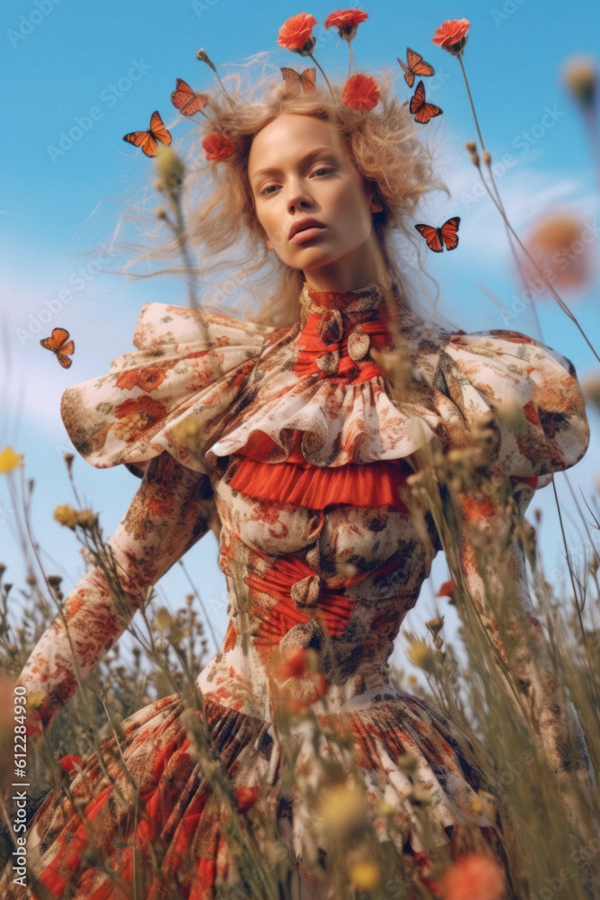 Floral spring concept of fresh flowers on the face, body and elegant fashion, romantic dress of a young beautiful attractive girl. Abstract portrait. Generative AI. Floral spring concept of fresh flowers on the face, body and elegant fashion, romantic dress of a young beautiful attractive girl. Abstract portrait. Generative AI.