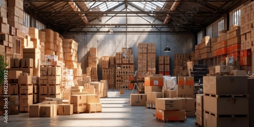 Logistics Warehouse full of Cardboard Boxes, Sorting and Distribution Facility for Delivery Service. Generative Ai © CYBERUSS