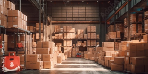 Logistics Warehouse full of Cardboard Boxes, Sorting and Distribution Facility for Delivery Service. Generative Ai