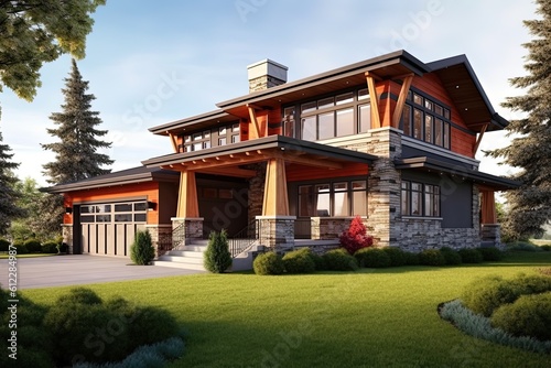 Sleek and Enchanting: Recently Constructed House with Double Garage, Natural Stone Porch and Bold Orange Siding, generative AI