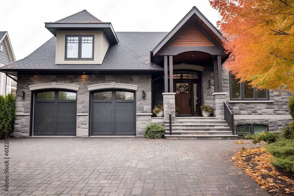 Stylish Double Garage House with Enchanting Gray Siding and Natural Stone Porch, generative AI