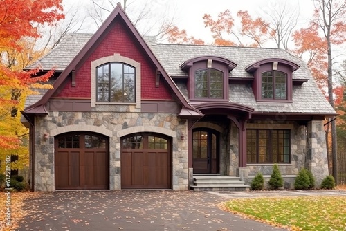 Sleek Style and Elegance: Discover the Enchanting Charm of a Recently Constructed House with a Double Garage, Burgundy Siding and a Natural Stone Porch, generative AI