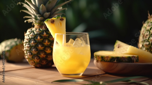 Delicious banana cocktail on the background of fresh pineapple. generative AI