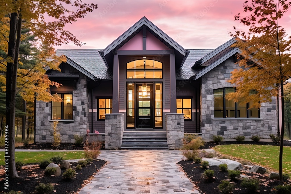Sleek and Enchanting: Explore the Beauty of This Recently Constructed House with Double Garage, Natural Stone Porch, and Pink Siding, generative AI