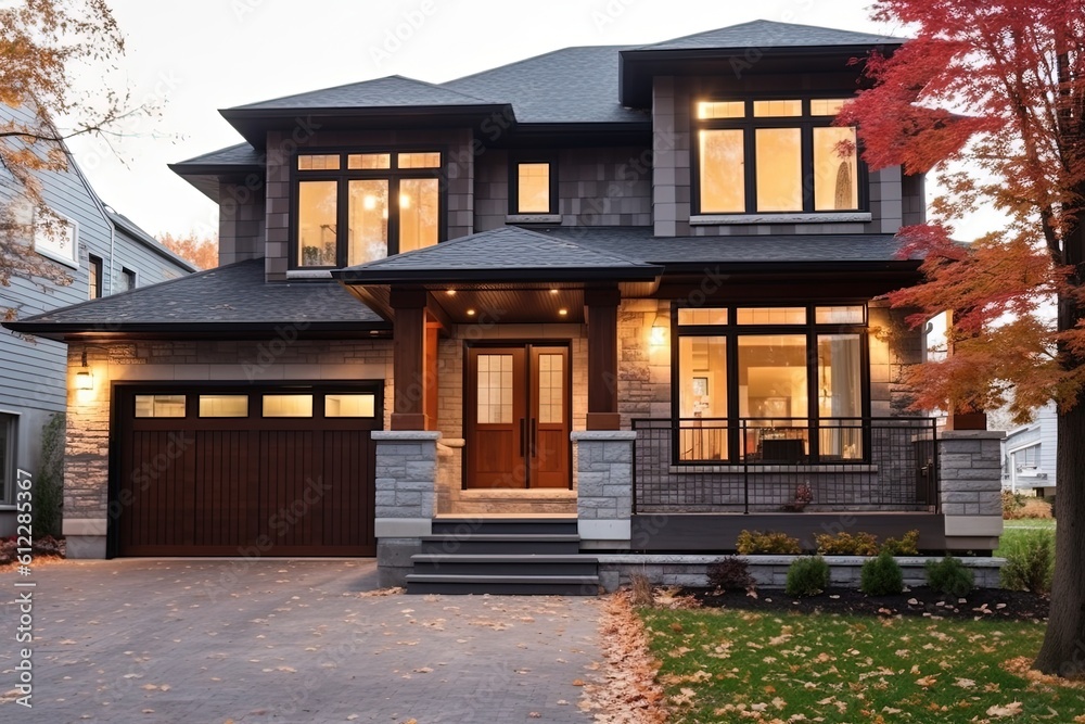 Stylishly Sleek - Recently Built House with Double Garage, Brown Siding, and Stunning Natural Stone Porch, generative AI Stylishly Sleek - Recently Built House with Double Garage, Brown Siding, and Stunning Natural Stone Porch, generative AI