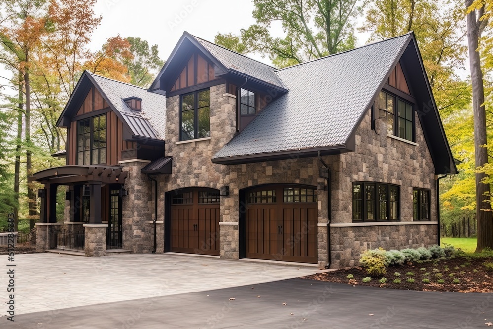 Sophisticated Design and Exquisite Features of a New Construction Property with Three-Car Garage, Bronze Siding, and Natural Stone Pillars, generative AI