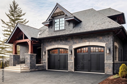 Newly Built Property with Sophisticated Design: 3-Car Garage, Dark Gray Siding, and Natural Stone Pillars, generative AI