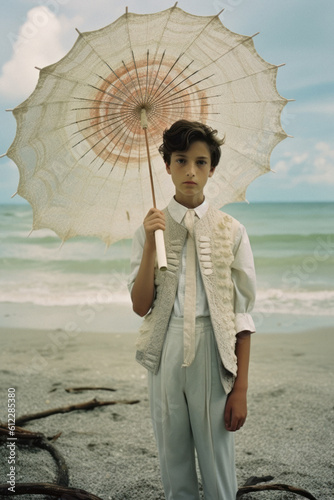 Cute kid in an old fashioned, renaissance pompous suit and umbrella for a ball on the beach on a hot summer day on the seashore. Generative AI.