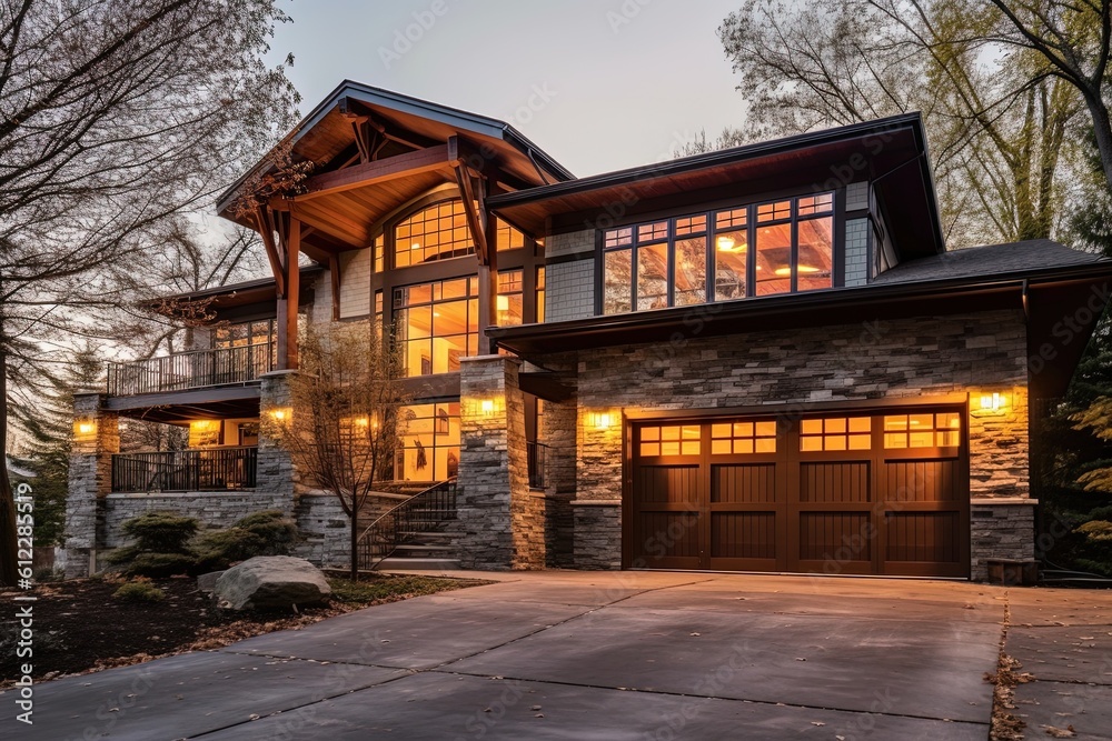 Sophisticated Design and Exquisite Features of a New Construction Property with Three-Car Garage, Natural Stone Pillars, and Coral Siding, generative AI