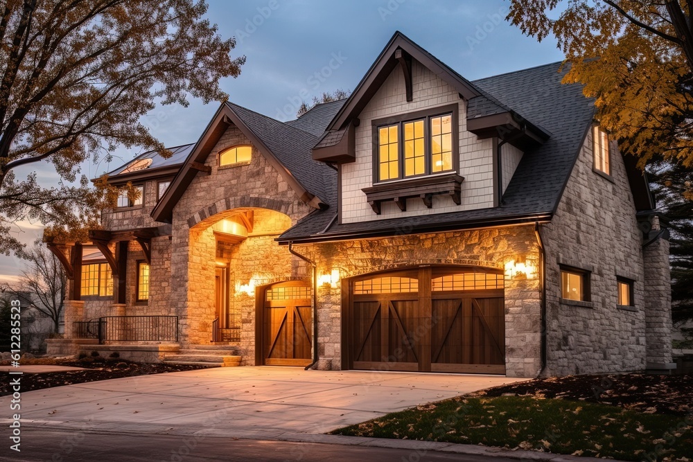 Three-Car Garage New Build Property with Sophisticated Design, Light Gray Siding, and Natural Stone Pillars, generative AI Three-Car Garage New Build Property with Sophisticated Design, Light Gray Siding, and Natural Stone Pillars, generative AI