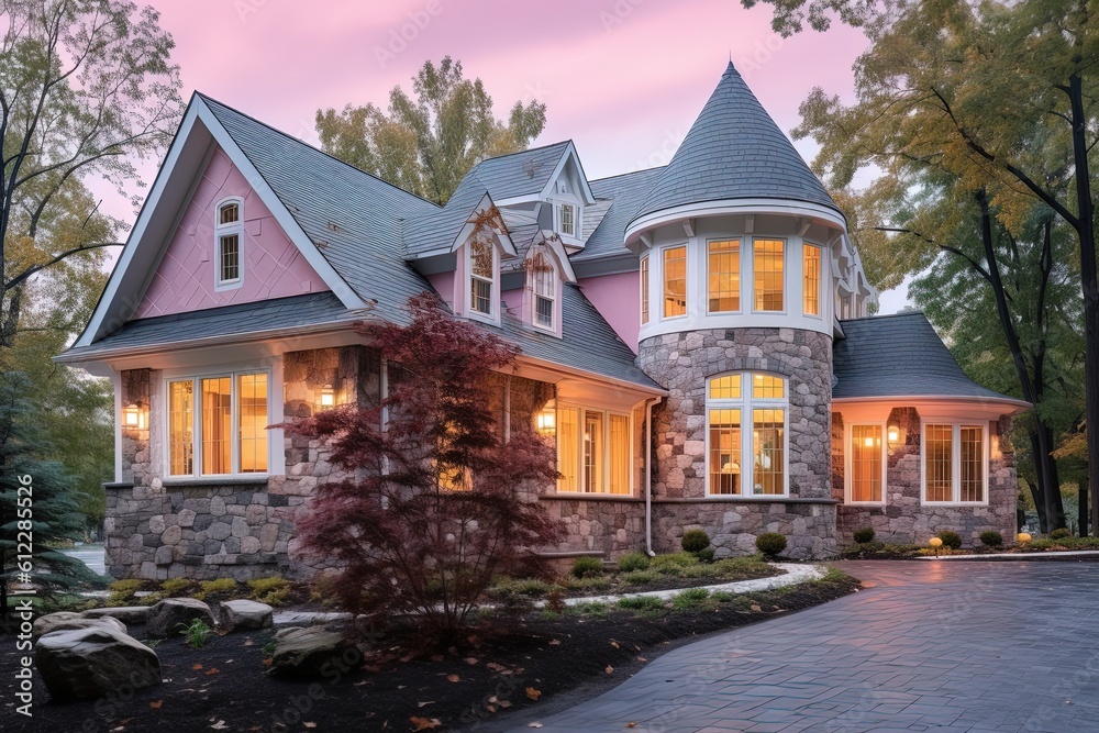 New Construction Property with Sophisticated Design Featuring Three-Car Garage, Natural Stone Pillars, and Pink Siding, generative AI