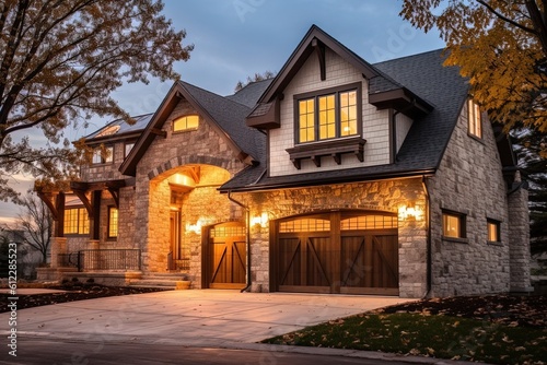 Three-Car Garage New Build Property with Sophisticated Design, Light Gray Siding, and Natural Stone Pillars, generative AI