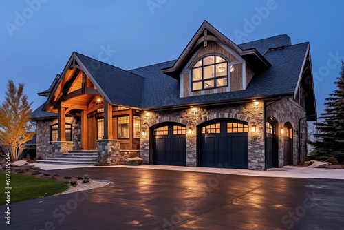 Stunning New Construction Property with Sophisticated Design and Spacious Three-Car Garage, Featuring Dark Blue Siding and Natural Stone Pillars, generative AI