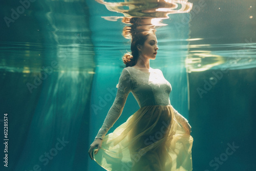 A romantic beautiful young girl in a white long elegant dress swims underwater like a mermaid. The girl in the water. Generative AI. photo