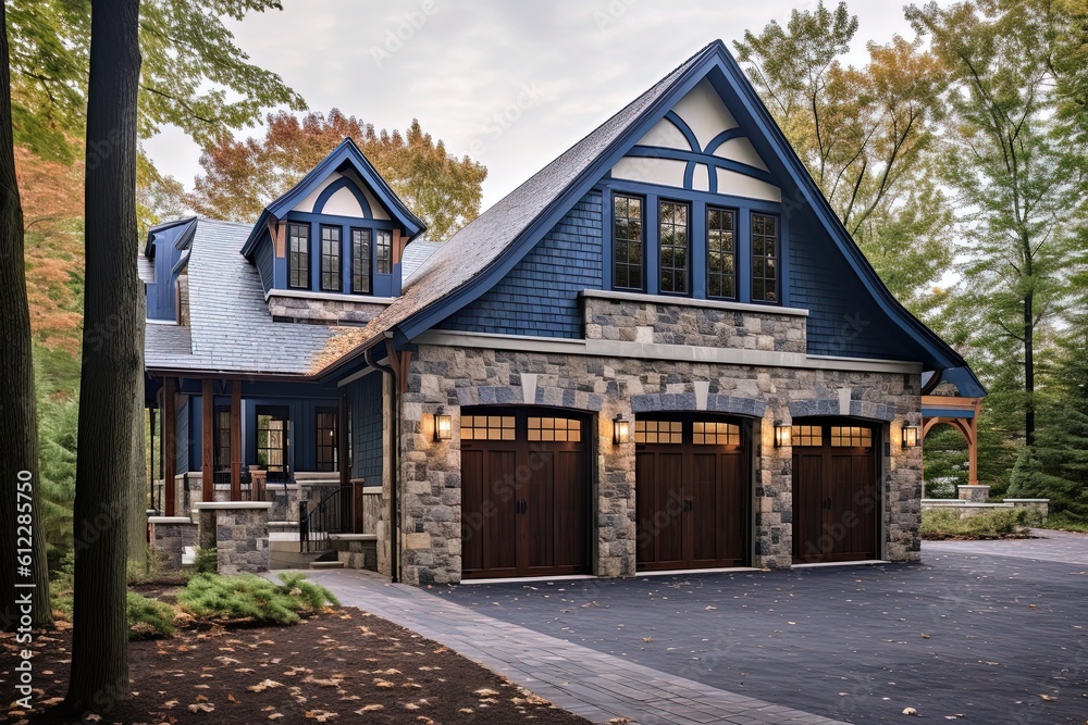 Exquisite New Construction Property with Sophisticated Design and Three-Car Garage Featuring Dark Blue Siding and Natural Stone Pillars, generative AI