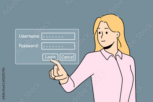 Businesswoman type username and password log in on personal account on computer. Female employee provide login data on digital security system. Vector illustration. 