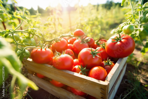 tomatoes box in tomato field. agriculture. generative ai