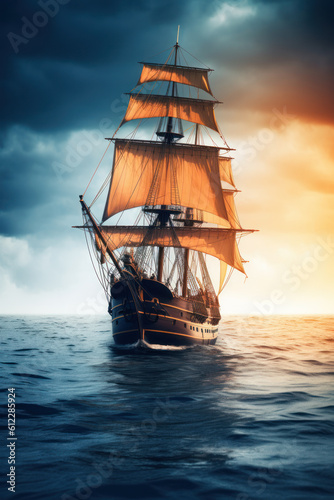 old pirate ship or caravel sailing. generative ai