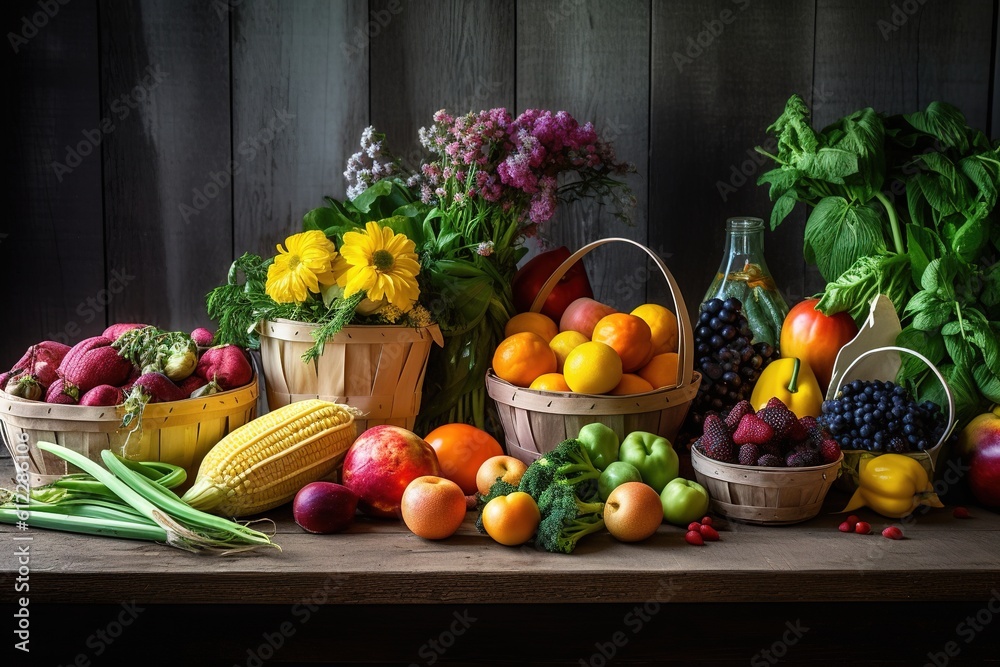 An array of fresh, colorful summer produce arranged aesthetically on a rustic table, capturing the trend of organic eating and farm - to - table concept in the summer