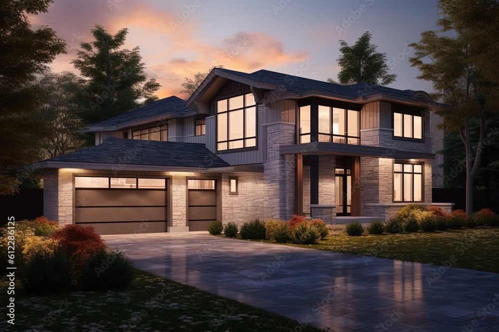 Sophisticated Design Meets Exquisite Coral Siding in Stunning Three-Car Garage New Construction Property Featuring Natural Stone Pillars, generative AI Sophisticated Design Meets Exquisite Coral Siding in Stunning Three-Car Garage New Construction Property Featuring Natural Stone Pillars, generative AI