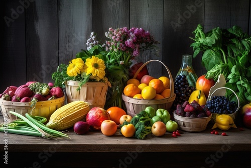 An array of fresh  colorful summer produce arranged aesthetically on a rustic table  capturing the trend of organic eating and farm - to - table concept in the summer