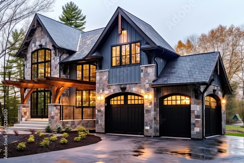 Sophisticated New Construction Property with Three-Car Garage, Navy Blue Siding, and Natural Stone Pillars, generative AI