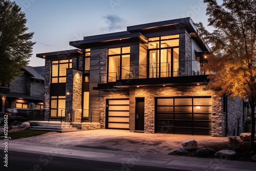 Cutting-Edge Architecture and Natural Stone Cladding Highlight Imposing Brand New Residence with Dark Green Siding and Single Car Garage, generative AI