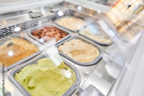 A variety of sugar-free vegan ice cream with natural ingredients on display at the gelateria. Flavors various ice cream in Rome, Italy. Italian gelateria. Natural fresh ice cream.