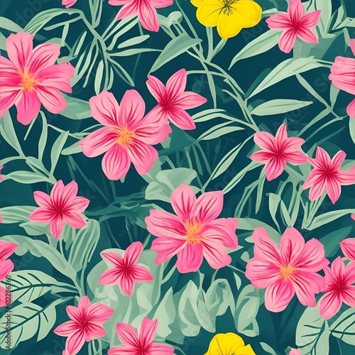 seamless floral pattern, tropical leaves and flowers. Generative AI, Generative, AI © VlaDee
