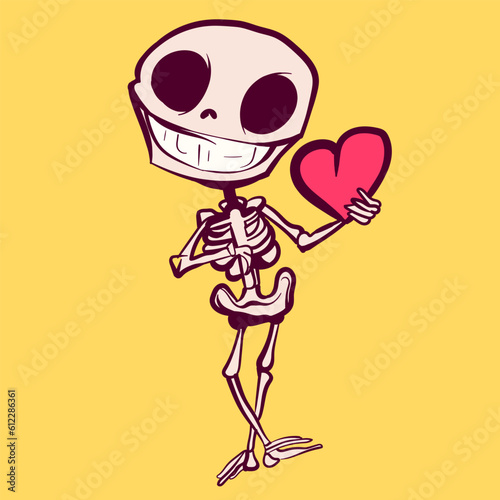 Digital art of a smiling skeleton cartoon holding a heart. Mascot character with bones and a skull, conceptual drawing for Valentine's day