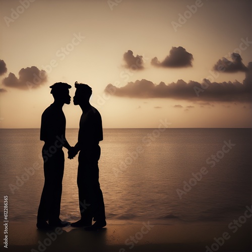 Silhouette of lgbtq two man kissing near sea. Generative AI, Generative, AI