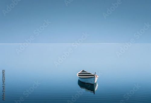 a solitary boat on a serene lake, under a clear sky, representing peace and simplicity.in style of minimalism. underscoring the calming simplicity and the quiet beauty of the Naturea  photo