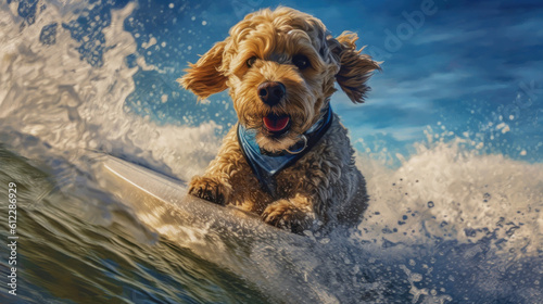 Surfing Excitement: Close-Up of a Smiling Poodle Dog Catching Waves - Generative AI