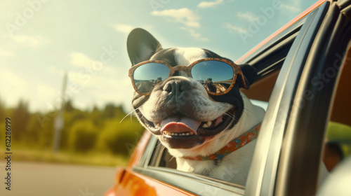 Happy French Bulldog Dog Traveling in Style: Sunglasses and Leash on Summer Road Trip - Generative AI © Bartek