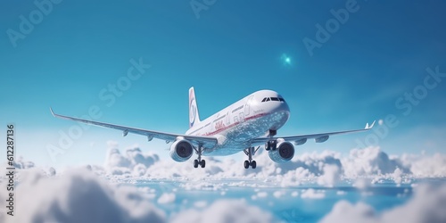 Air Plane Flying on The Blue Sky  Travel Around the World Background. Generative Ai