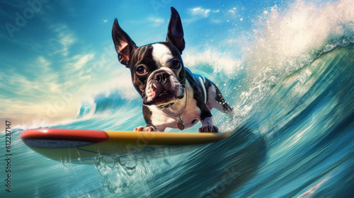 Beachside Adventure: Boston Terrier Dog Catching Waves on a Sunny Day - Generative AI