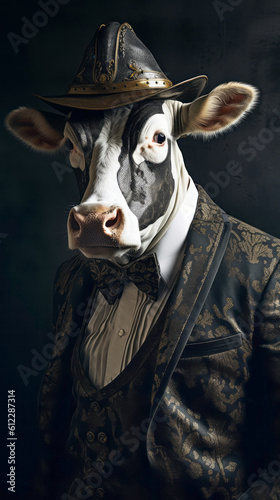 Cow dressed in an elegant suit with a hat and a nice tie. Fashion portrait of an anthropomorphic animal, shooted in a charismatic human attitude - Generative AI